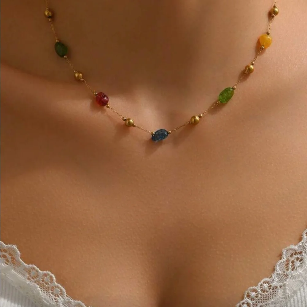 Multicolor Gemstone Beaded Necklace with Gold Accents - Picture 4 of 7